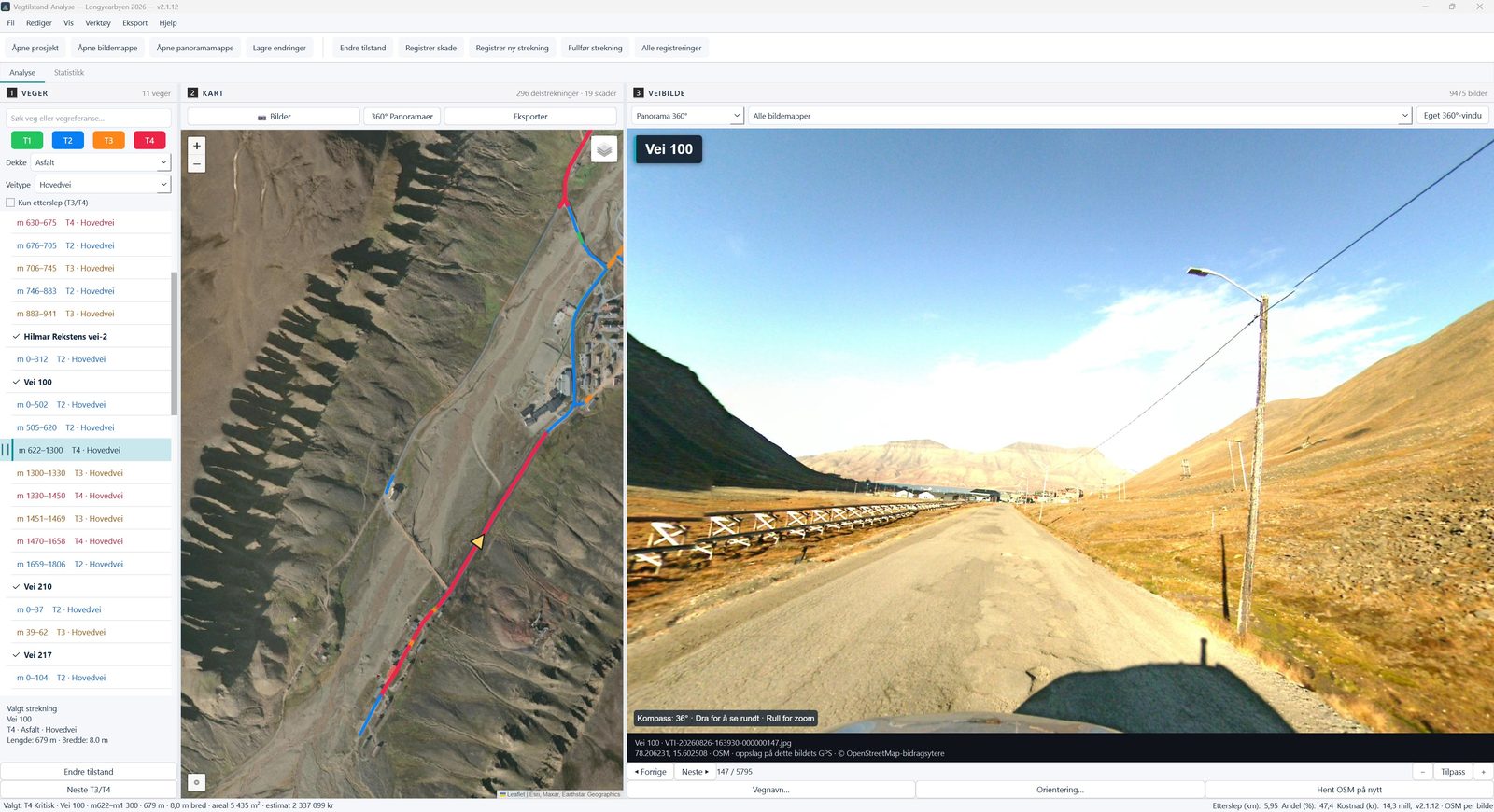 Analysevisning med 360° panoramabilde av valgt strekning